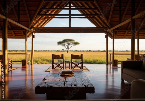 Luxury safari lodge interior with wooden table and view of acacia tree on sunny savanna