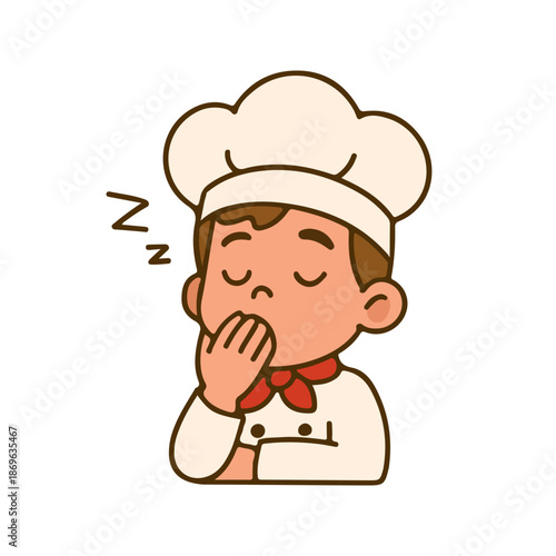 Cute chef cartoon character yawning with sleepy face. Kawaii cook illustration showing tired and sleepy expression. Adorable chef emoticon with ZZZ symbol for sleep and rest.