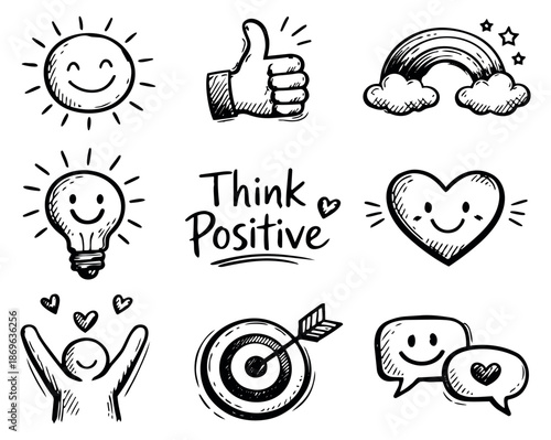 Hand drawn line art positivity and success set featuring sun, thumbs up, lightbulb, heart, target, and 'Think Positive' text for motivation and inspiration