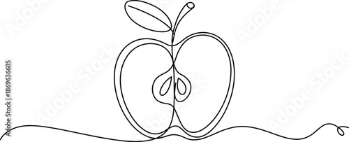 Black and white line of an apple with a stem and leaf