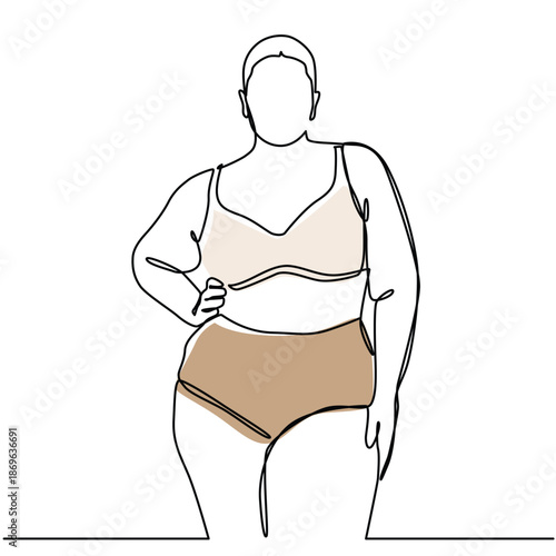 Curvy woman in underwear one line drawing. Curvy woman in underwear single line illustration. Curvy woman in underwear minimalist line art. Curvy woman in underwear vector art