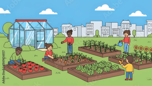 Diverse group of people gardening in raised beds with a greenhouse.