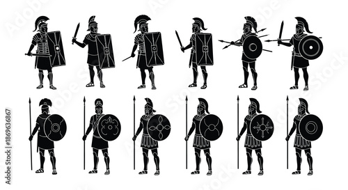 Ancient greek spartan warriors in silhouette demonstrating various combat stances