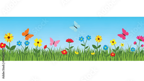 Vibrant spring meadow with colorful flowers and playful butterflies.