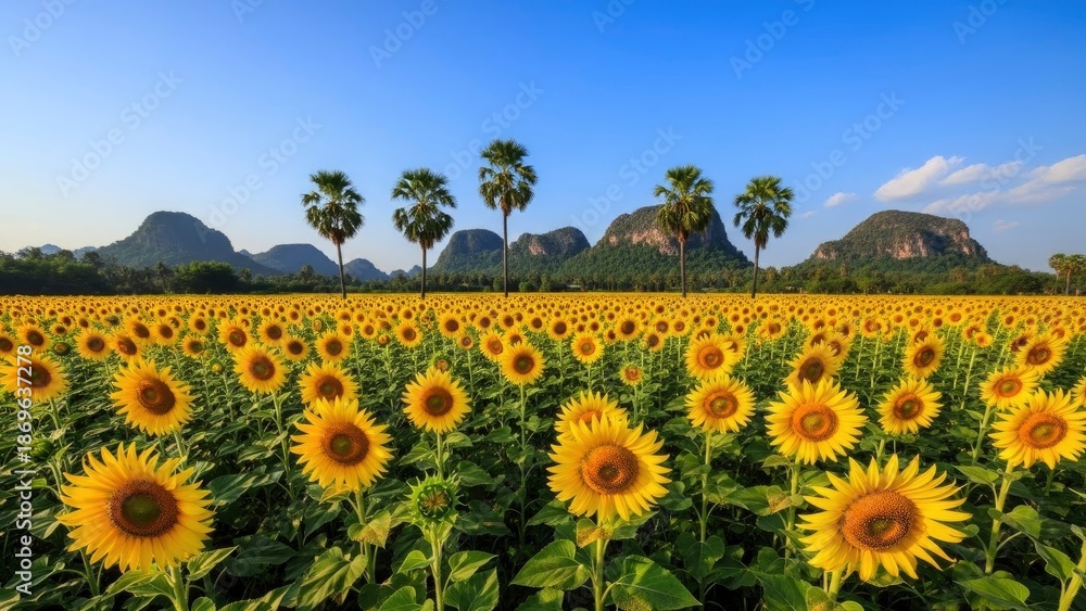 Obraz premium Vibrant Sunflower Field with Palm Trees and Mountains Under a Clear Blue Sky