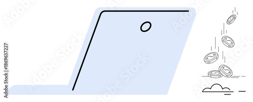 Digital economy, financial technology, online earnings, e-commerce, cashless payments, work-from-home opportunities. A side view of a laptop with coins falling near it. Digital economy and financial