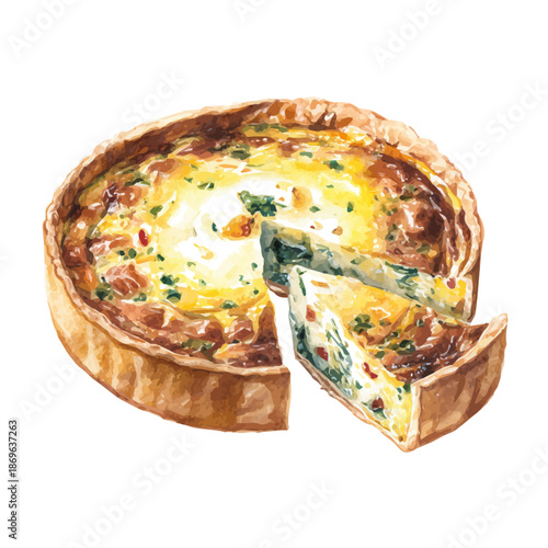 Quiche, watercolor illustration, vector style, isolated on a white background.