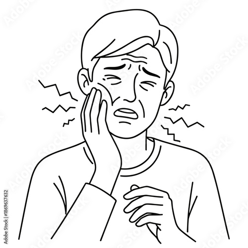 Man with toothache line drawing in black and white