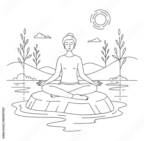 Person in lotus position against tranquil water and mountain background