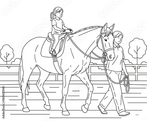 Girl riding horse led by adult