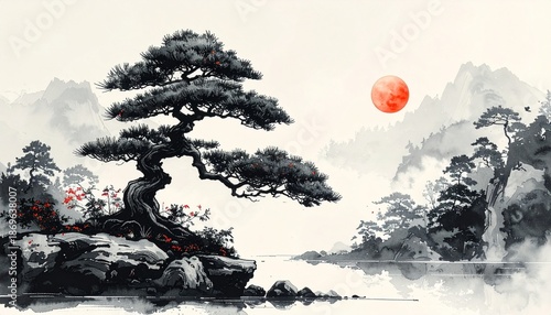 A beautiful brush-drawn ink painting of a bonsai in a Japanese garden　筆で描いた美しい日本庭園の盆栽の墨絵