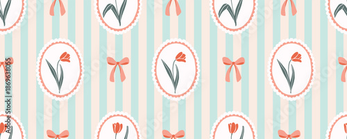 Seamless pattern with tulips in oval frames and bows, striped floral background, coquette aesthetic vector