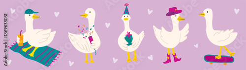 Cute Goose Characters Vector Set on Pink Background, Funny Party, Picnic and Skateboard Geese, Playful Animal Illustration for Kids and Cards