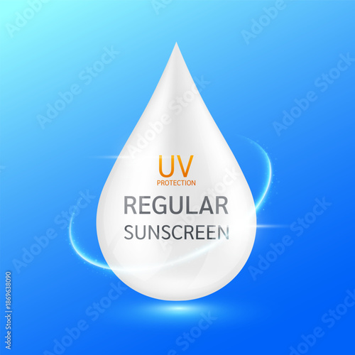 White cream drop with surrounding ring. Regular sunscreen UV protection with light UVA UVB ultraviolet attacks. For design cosmetic products ads. Health care concept. Vector.