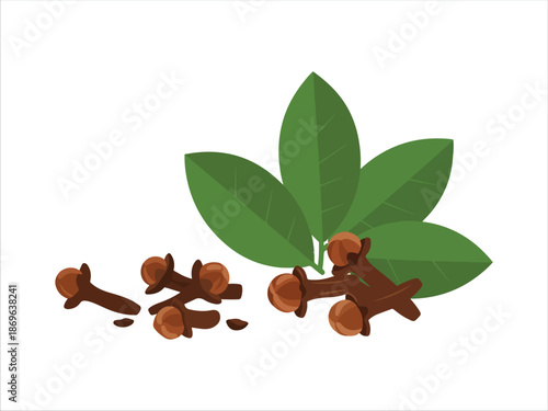 Illustration of Cloves and Green Leaves on Transparent Background