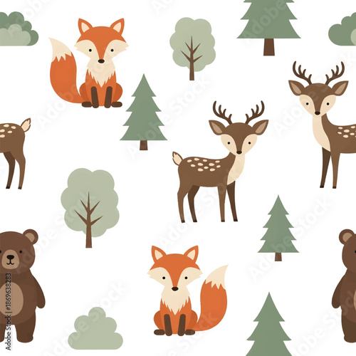 Cute Woodland Animals and Trees Seamless Pattern.