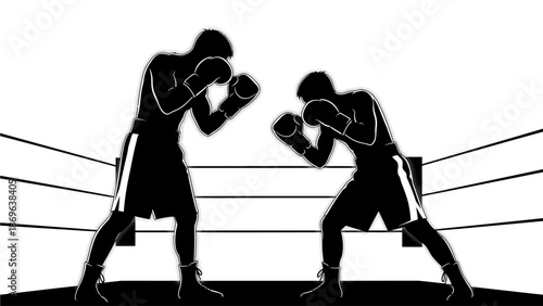Two Silhouette Boxers Face Off in Boxing Ring Intense Competition Combat Sports