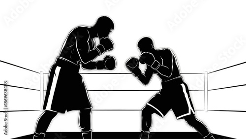 Dynamic Silhouette Boxing Match Two Athletes Competing in a Dramatic Ring Fight Black and White Action Graphic