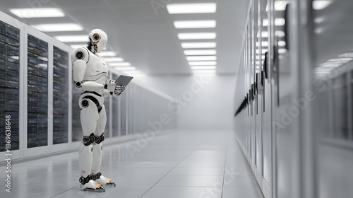 Advanced humanoid robot with tablet inspects server racks in a modern data center