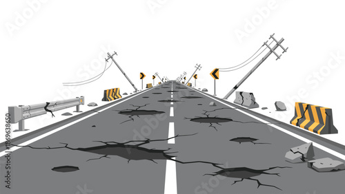 Severely damaged asphalt road featuring numerous potholes, extensive cracks, broken guardrails, leaning utility poles, and cautionary road signs, indicating disrepair and hazard.
