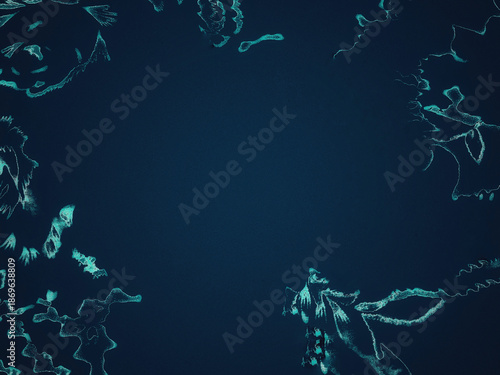 Abstract dark teal background featuring ethereal, glowing turquoise organic shapes and wispy floral patterns. Elegant, moody aesthetic with copy space in the center. Modern art.