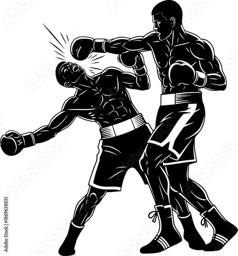 Knockout Punch in Boxing Match Dynamic Black and White Illustration Captures Intense Fight Action