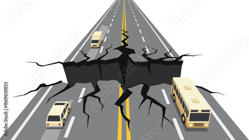 Multi-lane highway featuring a massive, deep crack running across its surface, with cars and buses cautiously approaching on either side, symbolizing road destruction and disruption.