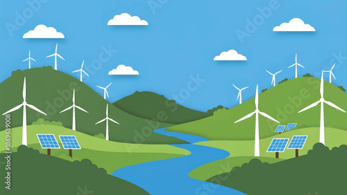 Wind turbines and solar panels generating clean energy.