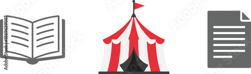Set of flat icons featuring an open book for reading a red circus tent and a paper document,