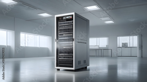 Modern server rack with multiple storage units in a clean, bright data center environment