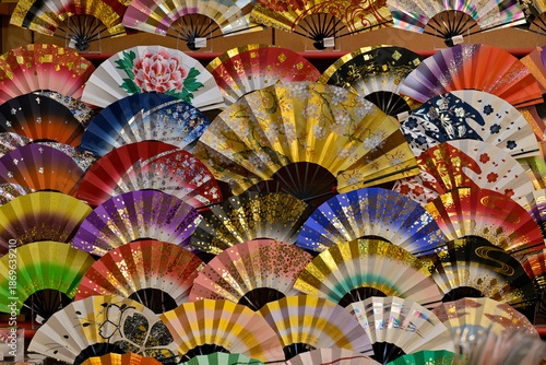 Colorful Traditional Japanese Fans in a Souvenir Shop in Japan