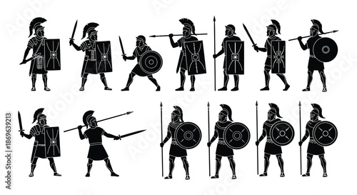 Ancient greek spartan warriors in silhouette demonstrating various combat stances