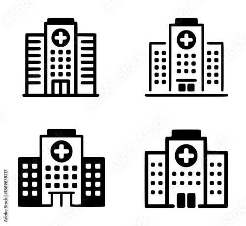 Black and white of hospital buildings with a cross symbol each medical healthcare