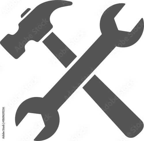 Crossed hammer and wrench silhouette icon for construction repair maintenance hardware tools workshop and home improvement service logos,