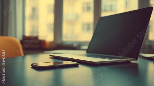 laptop and a smartphone on desk, morning office view