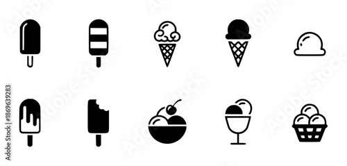 Collection of black and white ice cream and popsicle cone scoop