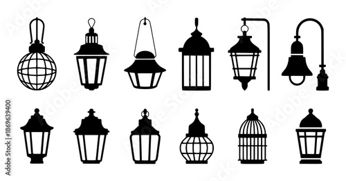 Collection of black silhouette vintage lantern and lamp light