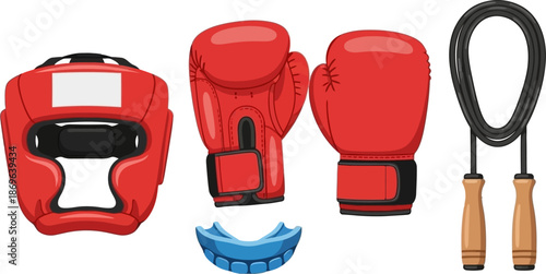 Boxing Gear Set Red Gloves Head Guard Mouthpiece and Jump Rope for Training Competition