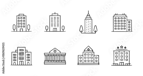 Collection of simple black outline building including skyscrapers and classical architecture