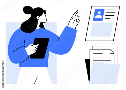 Digital document management. A user interacts with profile data and documents, systems for digital document management, data handling, and user profile verification. For HR, recruitment, admin tools