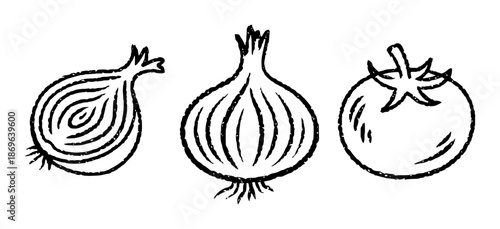 Hand drawn black outline of vegetables onion tomato isolated white background food ingredient