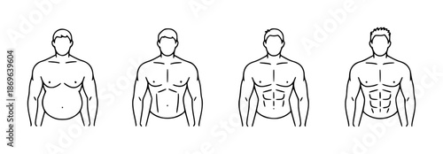 Male body types from overweight to muscular with defined abs shown in simple shape figure