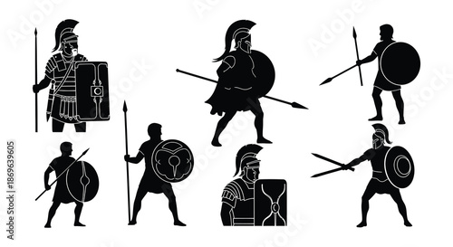 Ancient greek spartan warriors in silhouette demonstrating various combat stances