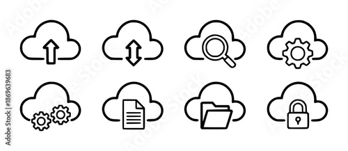 Set of black outline cloud representing upload download search settings file folder and security transfer