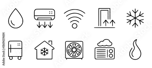 Set of black outline representing climate control and home appliances