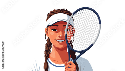 Confident and smiling female tennis player with braided hair, wearing a visor, holding a tennis racket, ready for a match or practice on the court.