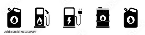 Set of black representing fuel and energy sources including jerrycans gas pump electric charging station and oil barrel