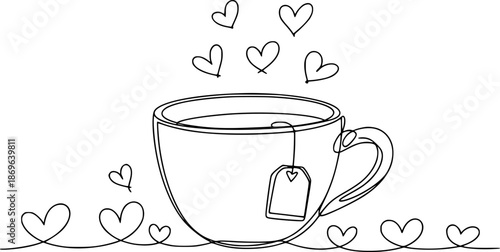 Single of a teacup with a tea bag and hearts floating and surrounding it love drink