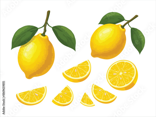 Vibrant Lemons and Slices Illustration on Transparent Background