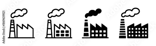 Stylized black and white factory with smoke plumes emanating from chimneys industry building